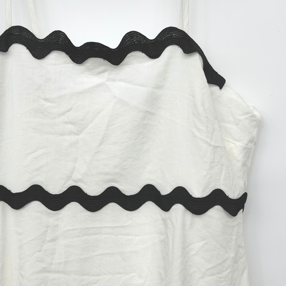 NWT White Linen Maxi Dress Black Ric Rac Trim Smocked Back Size L - Picture 4 of 8